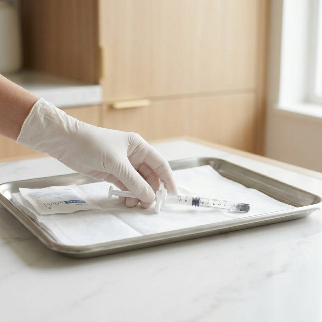Gloved provider preparing a Radiesse syringe on a treatment tray