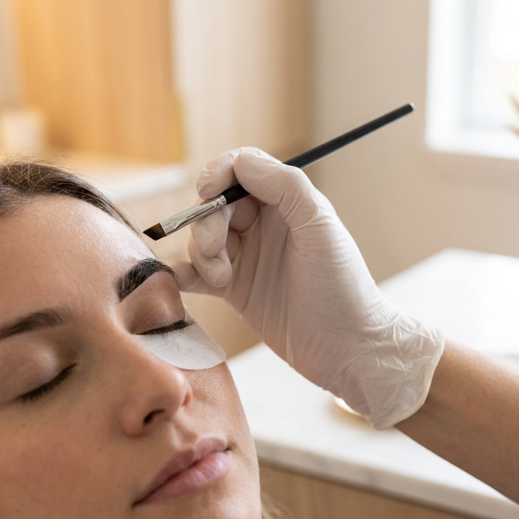 Esthetician applying brow tint during a brow lift and tint