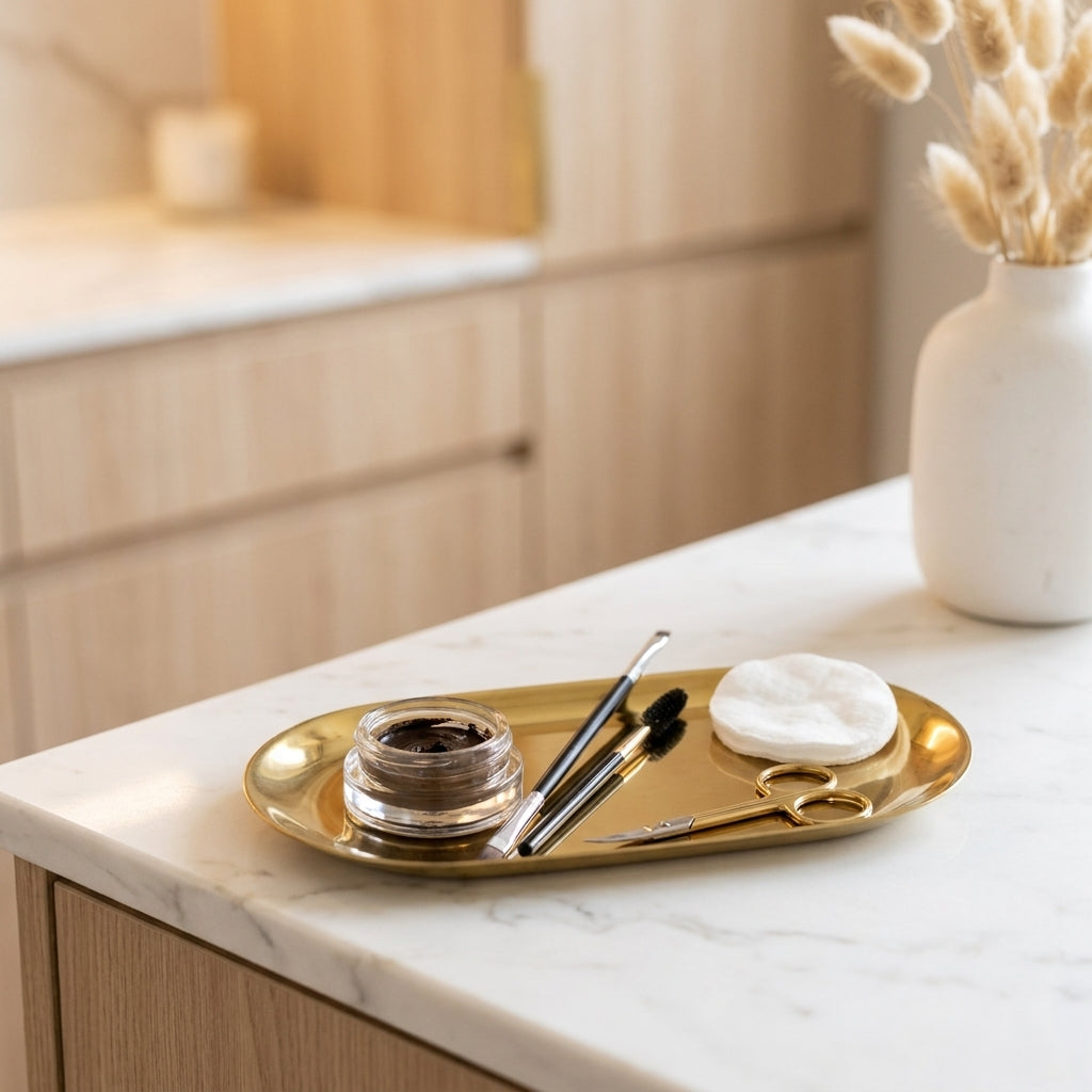 Brow tint and styling tools on a gold tray