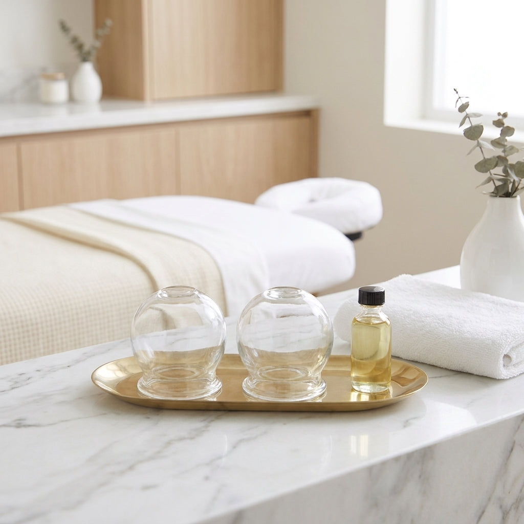 Glass cupping cups and oil prepared beside a treatment bed